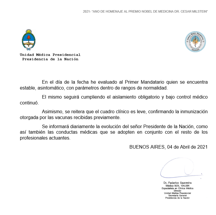 Parte oficial: el cuadro “leve” de Fernández confirma inmunización de la vacuna