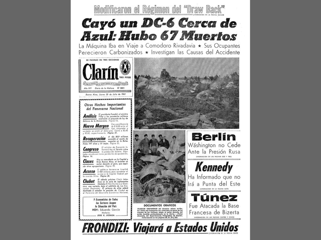 La tapa de Clarín del 20 de julio de 1961 mostrando el desastre.
