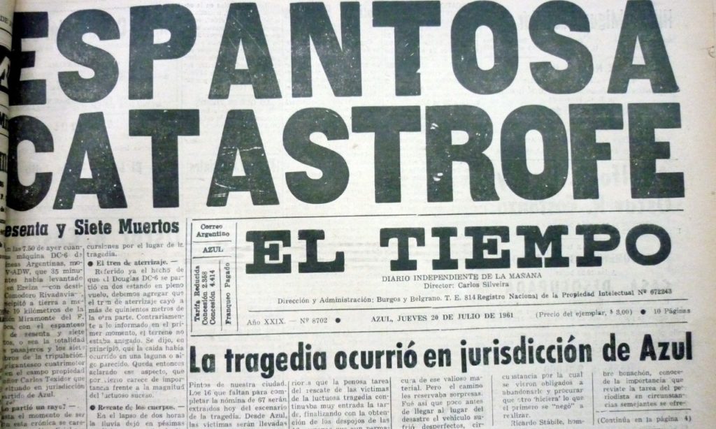 El titular de El Tiempo de Azul al día siguiente del fatídico siniestro. (Gentileza diario El Tiempo)