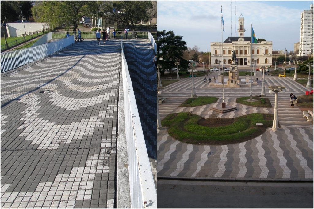 Comparaciones, dos: baldosas del Parque Alem de Rosario (Costantini) y de la Plaza San Martín de Azul (Salamone)