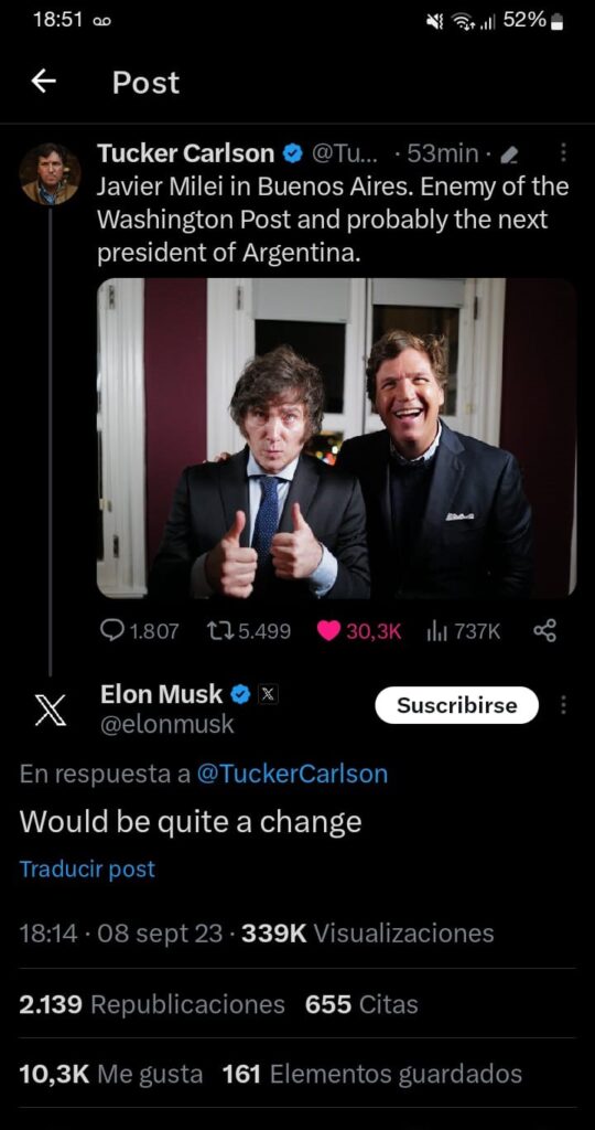 El post de Carlson junto con la respuesta de Musk; la captura fue hecha por el autor de esta nota.