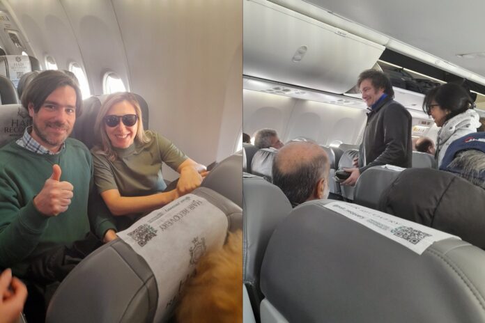 Myriam Bregman y Nicolás del Caño compartieron el vuelo AR 1494 con Javier Milei, rumbo a Santiago del Estero. (Twitter @Julio_El_Ali)
