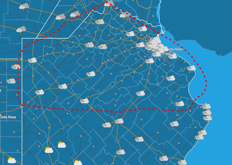 En el mapa se resalta el área de la provincia de Buenos Aires que tendrá mal tiempo el domingo. (SMN)