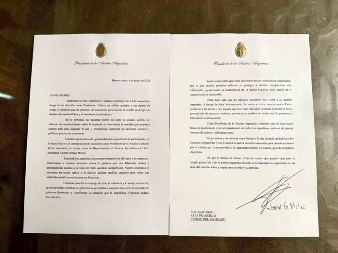 El texto de la nota que el presidente Javier Milei le envió al papa Francisco. (Presidencia)